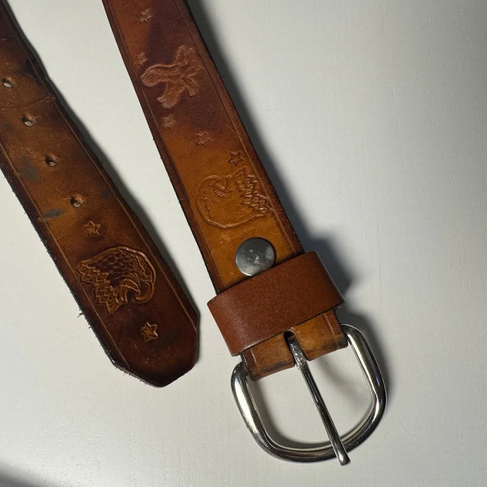 Vtg Trashed Brown Tooled Leather Belt A I Dad Eagle Stars Western 34 Bird Animal